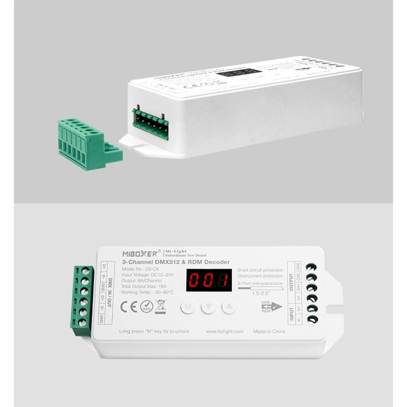 GloboStar® MiBOXER-D3-CX 71425 DC DMX & RDM Dimmer High Speed Controller / Decoder 3 Καναλιών DC 12-24V 3 x 6A 144W - Max 18A 432W - IP20 Μ13 x Π5 x Υ2.5cm - 5 Years Warranty