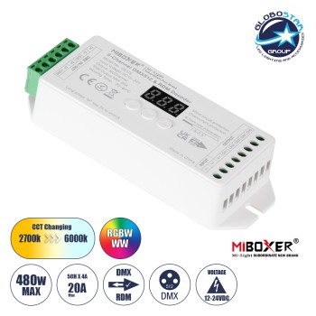 GloboStar® MiBOXER-D5-CX 71426 DC DMX & RDM Dimmer High Speed Controller / Decoder 5 Καναλιών DC 12-24V 5 x 4A 96W - Max 20A 480W - IP20 Μ13 x Π5 x Υ2.5cm - 5 Years Warranty