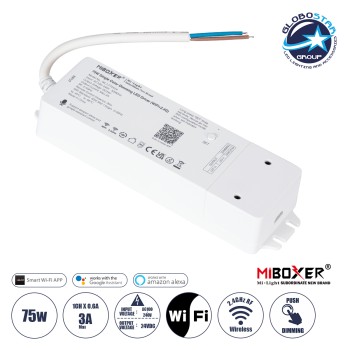 GloboStar® MiBOXER-WL1-P75V24 71437 DC Smart Wifi & RF 2.4Ghz & Push Dimming Power Supply Τροφοδοτικό SELV & Controller / Dimmer All in One AC100-240V σε DC 24V 1 x 3A 75W - Max 3A 75W - IP20 Μ19 x Π5.5 x Υ3.2cm - 5 Years Warranty
