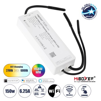 GloboStar® MiBOXER-WP5-P150V24 71440 DC Smart Wifi & RF 2.4Ghz & Push Dimming Power Supply Τροφοδοτικό SELV & Controller / Dimmer All in One 5 Καναλιών AC100-240V σε DC 24V 5 x 1.25A 30W - Max 6.25A 150W - Αδιάβροχο IP67 RGBW+WW Μ22.5 x Π7.3 x