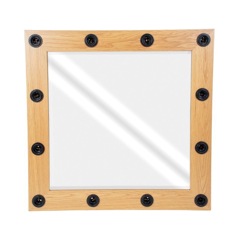 GloboStar® MAKEUP MIRROR-80x80-1 Μοντέρνος Καθρέπτης Μακιγιάζ με Πλαίσιο Φυσικού Ξύλου με Διακόπτη On/Off 12 x E27 AC220-240V - Μ80 x Π7 x Υ80cm - Μπεζ Δρυς