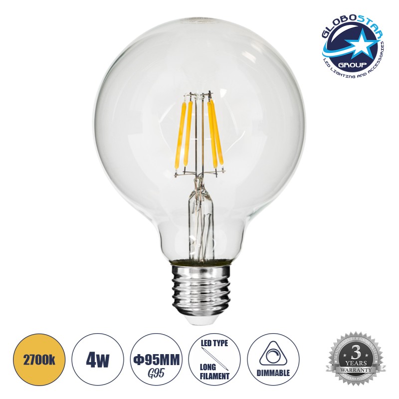 GLOBOSTAR® BUBBLE 99009 Λάμπα E27 G95 LED 4W 400lm 360° AC 220-240V IP20 Θερμό Λευκό 2700K - Long Filament Chip - Διάφανο - Μ9.5 x Π9.5 x Υ13.7cm - 3 Χρόνια Εγγύηση