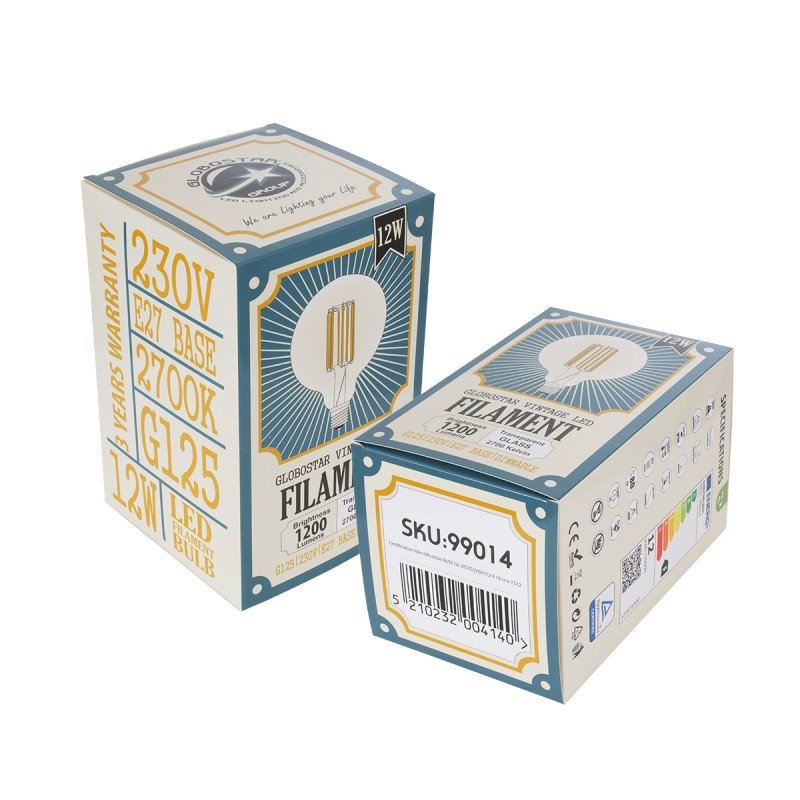 GLOBOSTAR® BUBBLE 99014 Λάμπα E27 G125 LED 12W 1200lm 360° AC 220-240V IP20 Θερμό Λευκό 2700K Dimmable - Long Filament Chip - Διάφανο - Μ12.5 x Π12.5 x Υ18cm - 3 Χρόνια Εγγύηση