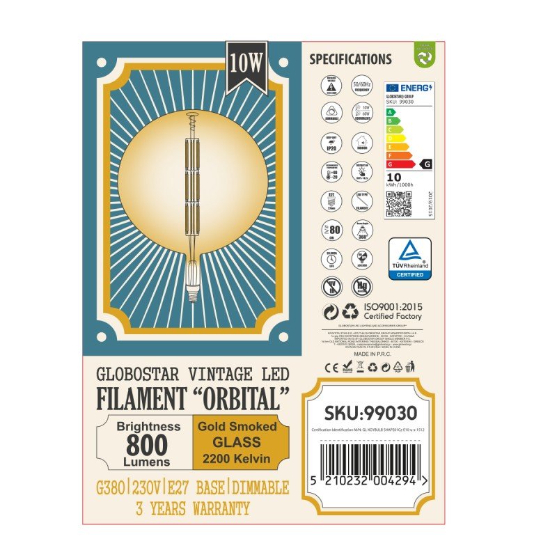 GLOBOSTAR® ORBITAL 99030 Λάμπα E27 G380 LED 10W 800lm 360° AC 220-240V IP20 Ultra Θερμό Λευκό 2200K Dimmable - Long Filament Chip - Μελί - Μ38 x Π38 x Υ55cm - 3 Χρόνια Εγγύηση