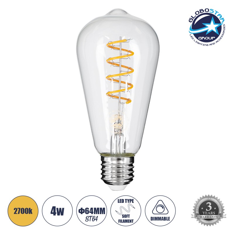 GLOBOSTAR® PEAR 99143 Λάμπα E27 ST64 LED 4W 300lm 360° AC 220-240V IP20 Θερμό Λευκό 2700K Dimmable - Soft S Spiral Filament Chip - Διάφανο - Μ6.4 x Π6.4 x Υ14cm - 3 Χρόνια Εγγύηση
