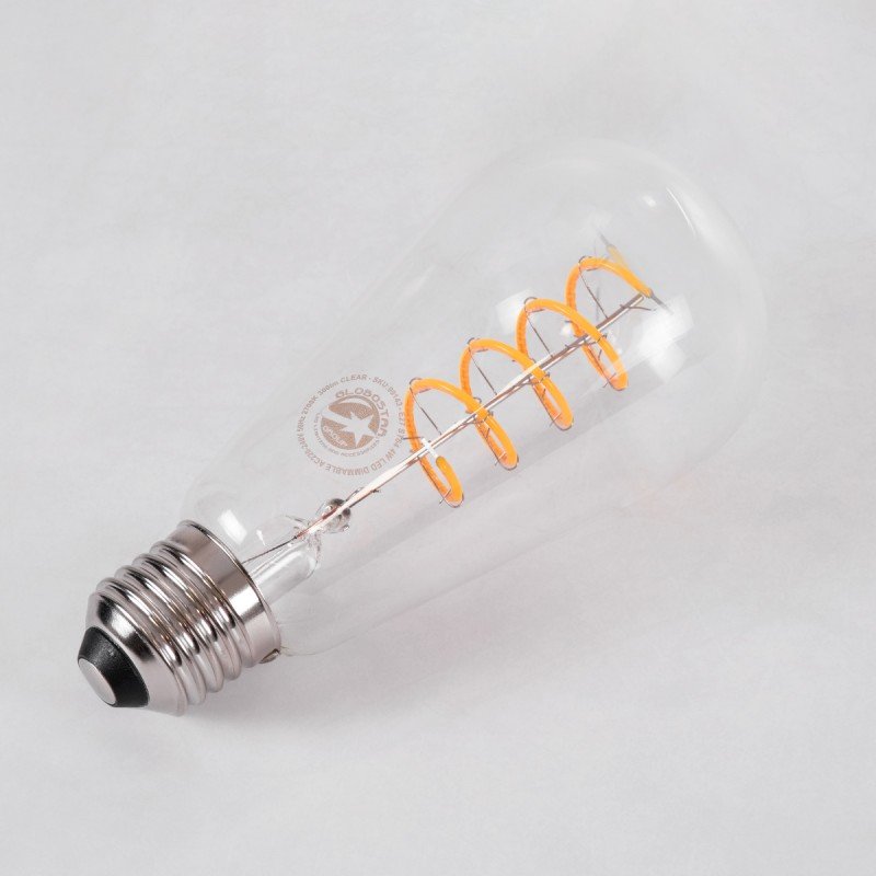 GLOBOSTAR® PEAR 99143 Λάμπα E27 ST64 LED 4W 300lm 360° AC 220-240V IP20 Θερμό Λευκό 2700K Dimmable - Soft S Spiral Filament Chip - Διάφανο - Μ6.4 x Π6.4 x Υ14cm - 3 Χρόνια Εγγύηση