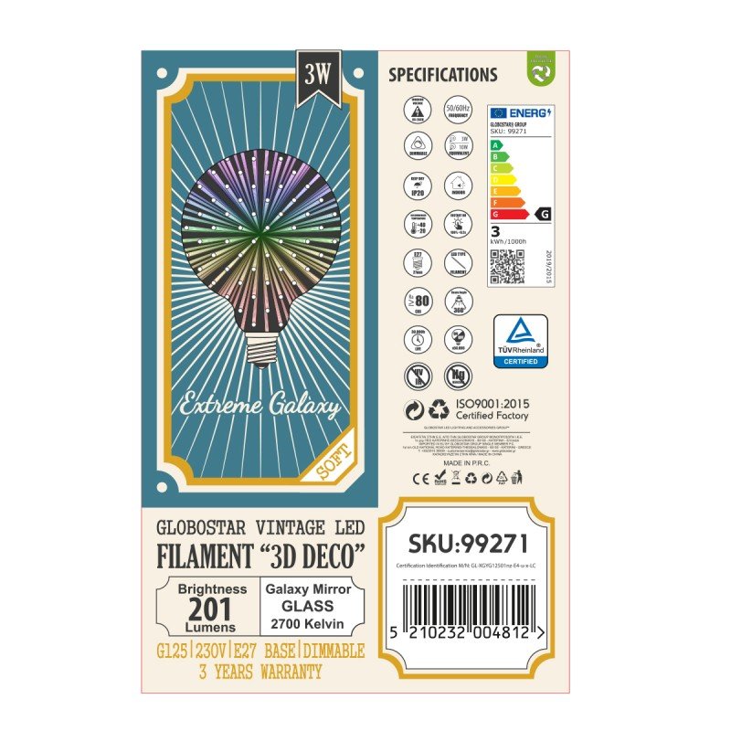 GLOBOSTAR® BUBBLE 99271 Λάμπα E27 G125 LED 3W 201lm 360° AC 220-240V IP20 Θερμό Λευκό 2700K Dimmable - Long Filament Chip - Galaxy Mirror Εφέ - Μ12.5 x Π12.5 x Υ18cm - 3 Χρόνια Εγγύηση
