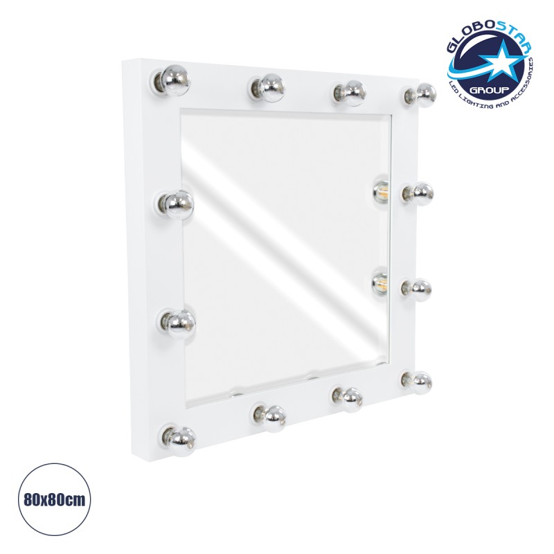 GloboStar® MAKEUP MIRROR-80x80-4 Μοντέρνος Καθρέπτης Μακιγιάζ με Πλαίσιο Φυσικού Ξύλου με Διακόπτη On/Off 12 x E27 AC220-240V - Μ80 x Π7 x Υ80cm - Λευκή Λάκα