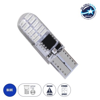 GloboStar® 08342 Λάμπα Αυτοκινήτου LED STROBE T10 W5W 24xSMD3014 1W 120lm 360° DC 12V IP20 Φ1 x Υ3.2cm Μπλε