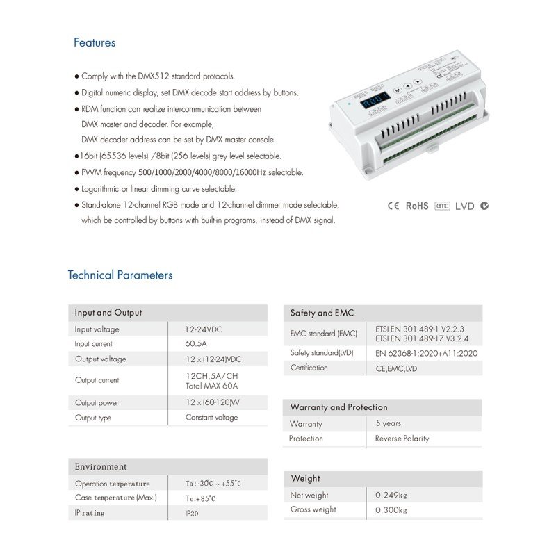 GloboStar® 71449 D12 SKYDANCE DC DMX & RDM Dimmer Din Rail Ράγας High Speed Controller / Decoder / Master 12 Καναλιών DC 12-24V 12 x 5A 120W - Max 60.5A 1440W - IP20 Μ15.5 x Π9 x Υ6cm - 5 Years Warranty