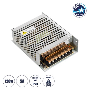 GLOBOSTAR® LUMIVOLT 73043 Τροφοδοτικό/Μετασχηματιστής PELV 120W 5A DC 24V IP20 - AC 220-240V σε DC 24V / Ρυθμιζόμενo από DC 22.5V έως DC 25.5V - Μ13 x Π10 x Υ4cm - 3 Χρόνια Εγγύηση