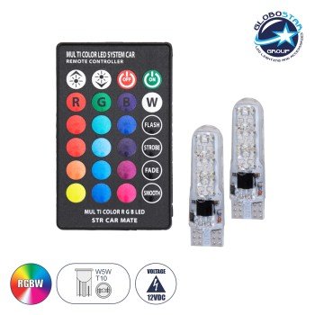 GloboStar® T10 W5W 81062 Λάμπές Αυτοκινήτου LED με Ασύρματο Χειριστήριο IR 6xSMD3535 2W/4W 300lm 360° DC 12V IP20 Φ1 x Υ3.5cm RGBW - Σετ 2 Τεμαχίων σε Blister