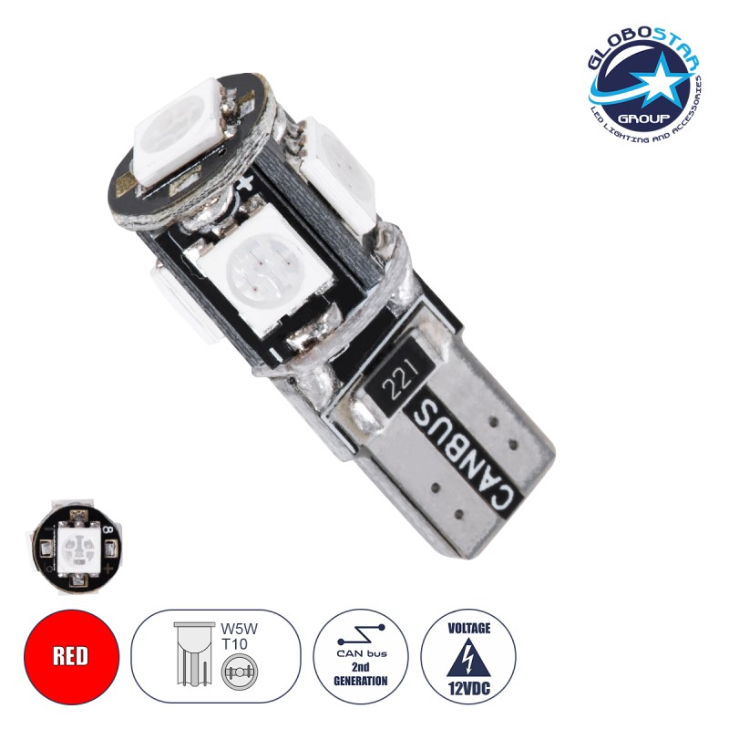 GloboStar® T10 W5W 81091 Λάμπα Αυτοκίνητου LED  2rd Generation Can-Bus Series 5xSMD5050 2.30W 240lm 360° DC 12V IP20 Φ1.1 x Υ2.7cm Κόκκινο