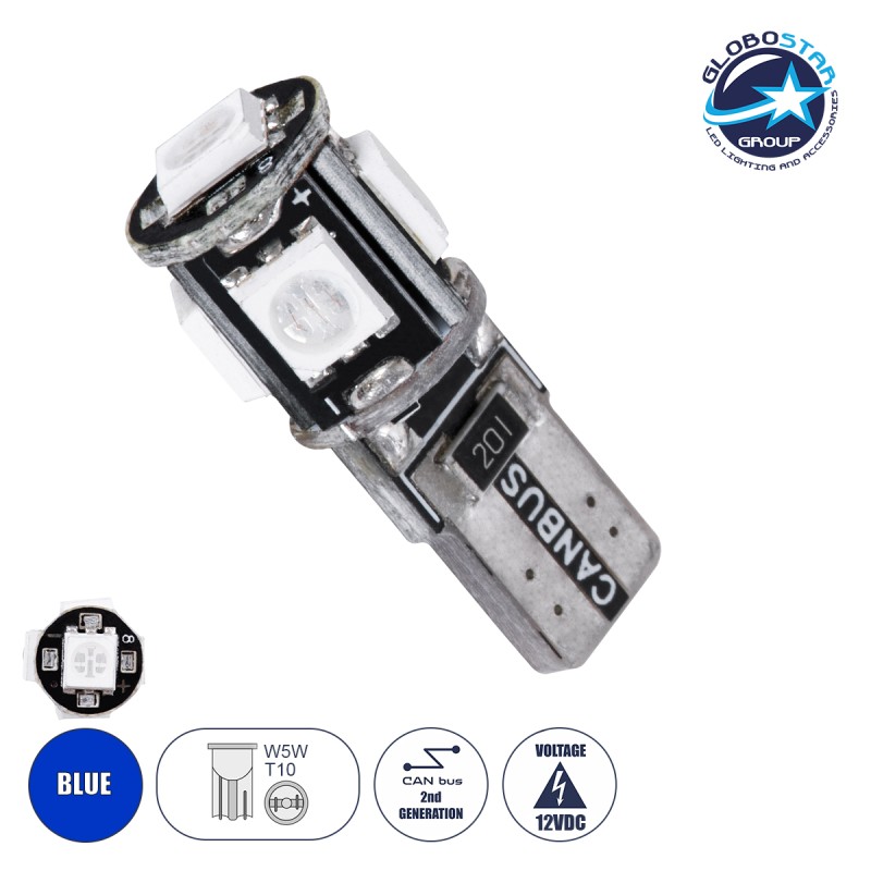 GloboStar® T10 W5W 25000 Λάμπα Αυτοκίνητου LED  2rd Generation Can-Bus Series 5xSMD5050 2.30W 240lm 360° DC 12V IP20 Φ1.1 x Υ2.7cm Μπλε