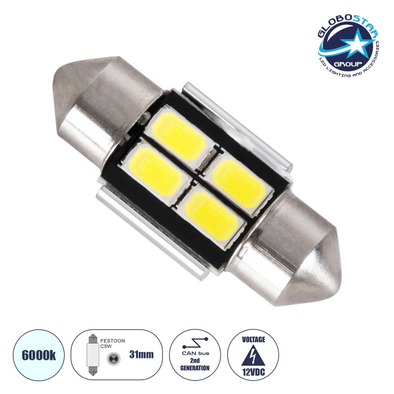 GLOBOSTAR® C5W 81310 Σωληνωτή Λάμπα C5W 31mm CANbus LED 2.7W 160lm 120° DC 12V IP20 Ψυχρό Λευκό 6000K - 4 x Epistar SMD3030 Chip - Μ3.1 x Π1.2 x Υ1.2cm - 1 Χρόνο Εγγύηση