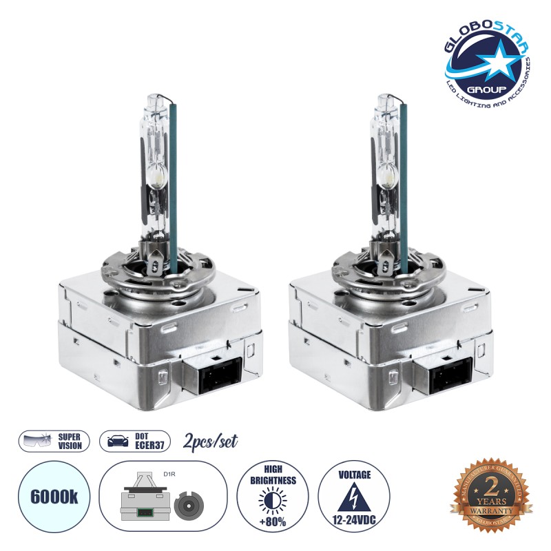 GLOBOSTAR® HID 84041 Λάμπα Xenon D1R Super Vision Υψηλής Φωτεινότητας +80% CANbus DOT ECER37 55W/110W 5000lm/10000lm 360° DC 12-24V Αδιάβροχο IP65 Ψυχρό Λευκό 6000K - Μ4 x Π5 x Υ8cm - Πακέτο 2 Τεμαχίων - 2 Χρόνια Εγγύηση