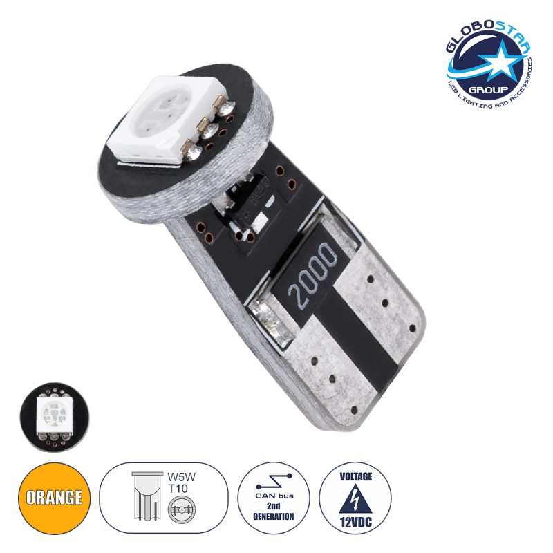 GloboStar® T10 W5W 95650 Λάμπα Αυτοκίνητου LED  2rd Generation Can-Bus Series 1xSMD5050 1.5W 120lm 120° DC 12V IP20 Φ1 x H2.2cm Πορτοκαλί