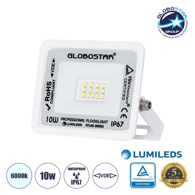 GLOBOSTAR® ATLAS 61404 Προβολέας LED 10W 1250lm 120° AC 220-240V Αδιάβροχο IP67 Ψυχρό Λευκό 6000K - Lumileds SMD Chip - TÜV Rheinland Certified - Λευκό Ματ - Μ10 x Π2 x Υ8cm - 5 Χρόνια Εγγύηση