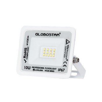 GLOBOSTAR® ATLAS 61404 Προβολέας LED 10W 1250lm 120° AC 220-240V Αδιάβροχο IP67 Ψυχρό Λευκό 6000K - Lumileds SMD Chip - TÜV Rheinland Certified - Λευκό Ματ - Μ10 x Π2 x Υ8cm - 5 Χρόνια Εγγύηση