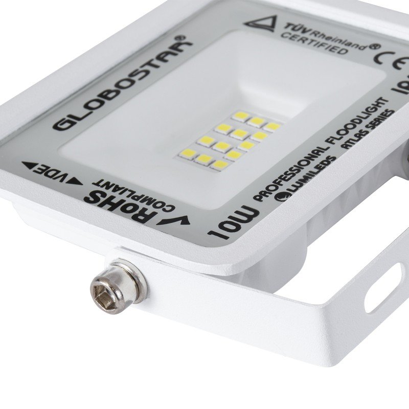 GLOBOSTAR® ATLAS 61404 Προβολέας LED 10W 1250lm 120° AC 220-240V Αδιάβροχο IP67 Ψυχρό Λευκό 6000K - Lumileds SMD Chip - TÜV Rheinland Certified - Λευκό Ματ - Μ10 x Π2 x Υ8cm - 5 Χρόνια Εγγύηση