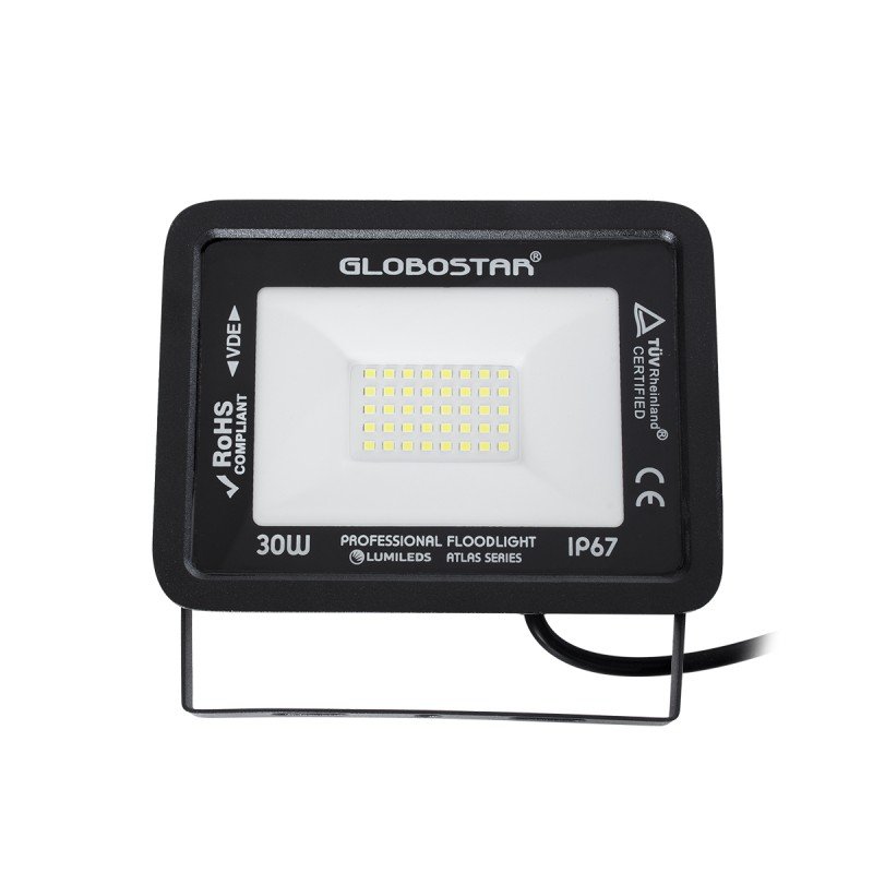 GLOBOSTAR® ATLAS 61416 Προβολέας LED 30W 3750lm 120° AC 220-240V Αδιάβροχο IP67 Ψυχρό Λευκό 6000K - Lumileds SMD Chip - TÜV Rheinland Certified - Μαύρο Ματ - Μ16 x Π2.5 x Υ12.5cm - 5 Χρόνια Εγγύηση