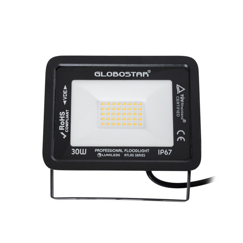 GLOBOSTAR® ATLAS 61418 Προβολέας LED 30W 3450lm 120° AC 220-240V Αδιάβροχο IP67 Θερμό Λευκό 2700K - Lumileds SMD Chip - TÜV Rheinland Certified - Μαύρο Ματ - Μ16 x Π2.5 x Υ12.5cm - 5 Χρόνια Εγγύηση