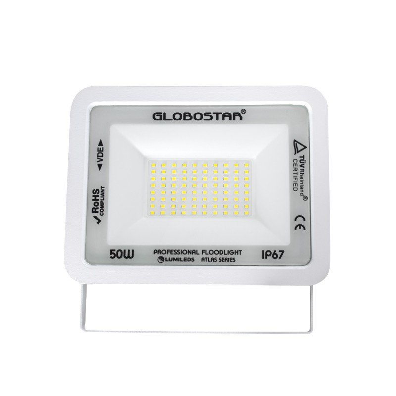 GLOBOSTAR® ATLAS 61419 Προβολέας LED 50W 6250lm 120° AC 220-240V Αδιάβροχο IP67 Ψυχρό Λευκό 6000K - Lumileds SMD Chip - TÜV Rheinland Certified - Λευκό Ματ - Μ21 x Π3.5 x Υ16cm - 5 Χρόνια Εγγύηση