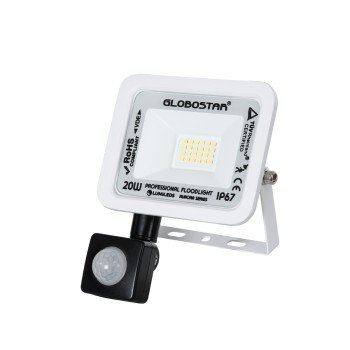 GLOBOSTAR® AURORA 61438 Προβολέας με Ανιχνευτή PIR / Αισθητήρα Κίνησης LED 20W 2500lm 120° AC 220-240V Αδιάβροχο IP67 Ψυχρό Λευκό 6000K - Lumileds SMD Chip - TÜV Rheinland Certified - Λευκό Ματ - Μ12 x Π5 x Υ14.5cm - 3 Χρόνια Εγγύηση