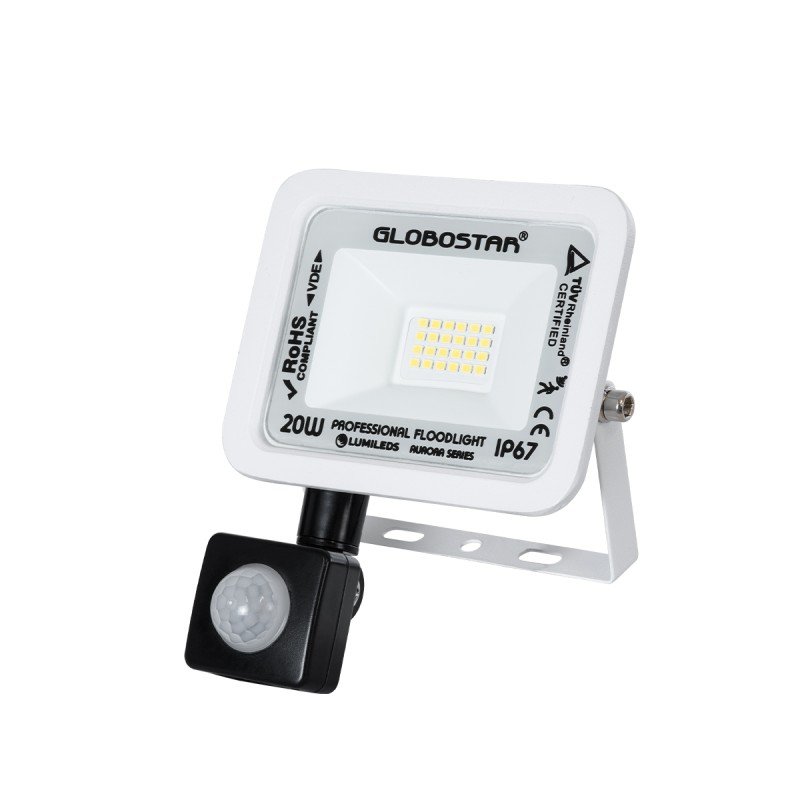 GLOBOSTAR® AURORA 61438 Προβολέας με Ανιχνευτή PIR / Αισθητήρα Κίνησης LED 20W 2500lm 120° AC 220-240V Αδιάβροχο IP67 Ψυχρό Λευκό 6000K - Lumileds SMD Chip - TÜV Rheinland Certified - Λευκό Ματ - Μ12 x Π5 x Υ14.5cm - 3 Χρόνια Εγγύηση
