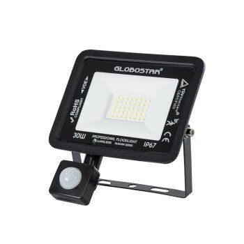 GLOBOSTAR® AURORA 61439 Προβολέας με Ανιχνευτή PIR / Αισθητήρα Κίνησης LED 30W 3750lm 120° AC 220-240V Αδιάβροχο IP67 Ψυχρό Λευκό 6000K - Lumileds SMD Chip - TÜV Rheinland Certified - Μαύρο Ματ - Μ16 x Π5 x Υ17.5cm - 3 Χρόνια Εγγύηση