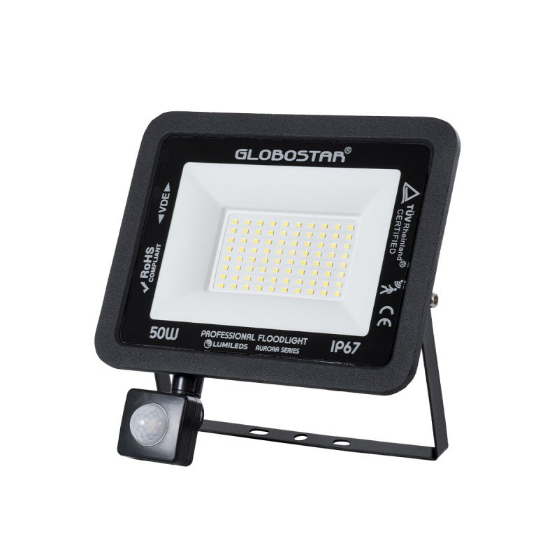 GLOBOSTAR® AURORA 61441 Προβολέας με Ανιχνευτή PIR / Αισθητήρα Κίνησης LED 50W 6250lm 120° AC 220-240V Αδιάβροχο IP67 Ψυχρό Λευκό 6000K - Lumileds SMD Chip - TÜV Rheinland Certified - Μαύρο Ματ - Μ21 x Π5 x Υ21cm - 3 Χρόνια Εγγύηση