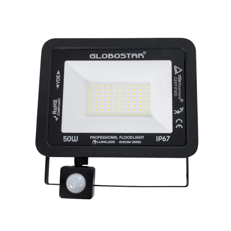 GLOBOSTAR® AURORA 61441 Προβολέας με Ανιχνευτή PIR / Αισθητήρα Κίνησης LED 50W 6250lm 120° AC 220-240V Αδιάβροχο IP67 Ψυχρό Λευκό 6000K - Lumileds SMD Chip - TÜV Rheinland Certified - Μαύρο Ματ - Μ21 x Π5 x Υ21cm - 3 Χρόνια Εγγύηση