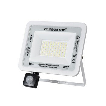 GLOBOSTAR® AURORA 61442 Προβολέας με Ανιχνευτή PIR / Αισθητήρα Κίνησης LED 50W 6250lm 120° AC 220-240V Αδιάβροχο IP67 Ψυχρό Λευκό 6000K - Lumileds SMD Chip - TÜV Rheinland Certified - Λευκό Ματ - Μ21 x Π5 x Υ21cm - 3 Χρόνια Εγγύηση