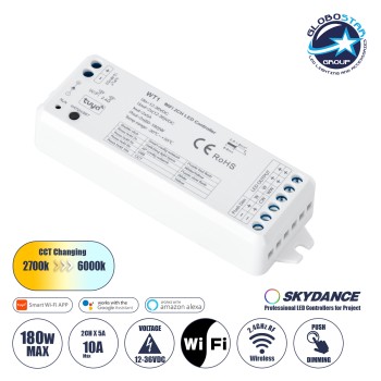 GLOBOSTAR® SKYDANCE-WT1 71468 DC WiFi & RF 2.4Ghz & Push Dimmer / Controller με 2 x 5A 90W Κανάλια DC 12-36V 10A 180W Max IP20 - WiFI & RF 2.4Ghz & Push Dimming - Μ11.5 x Π3.5 x Υ2cm - 5 Χρόνια Εγγύηση
