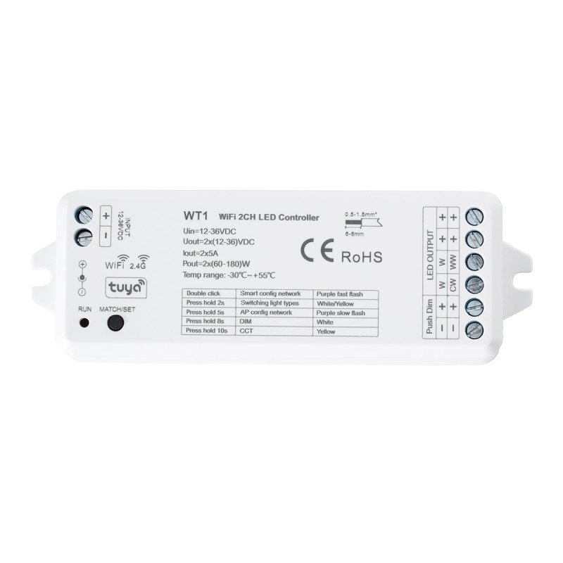 GLOBOSTAR® SKYDANCE-WT1 71468 DC WiFi & RF 2.4Ghz & Push Dimmer / Controller με 2 x 5A 90W Κανάλια DC 12-36V 10A 180W Max IP20 - WiFI & RF 2.4Ghz & Push Dimming - Μ11.5 x Π3.5 x Υ2cm - 5 Χρόνια Εγγύηση