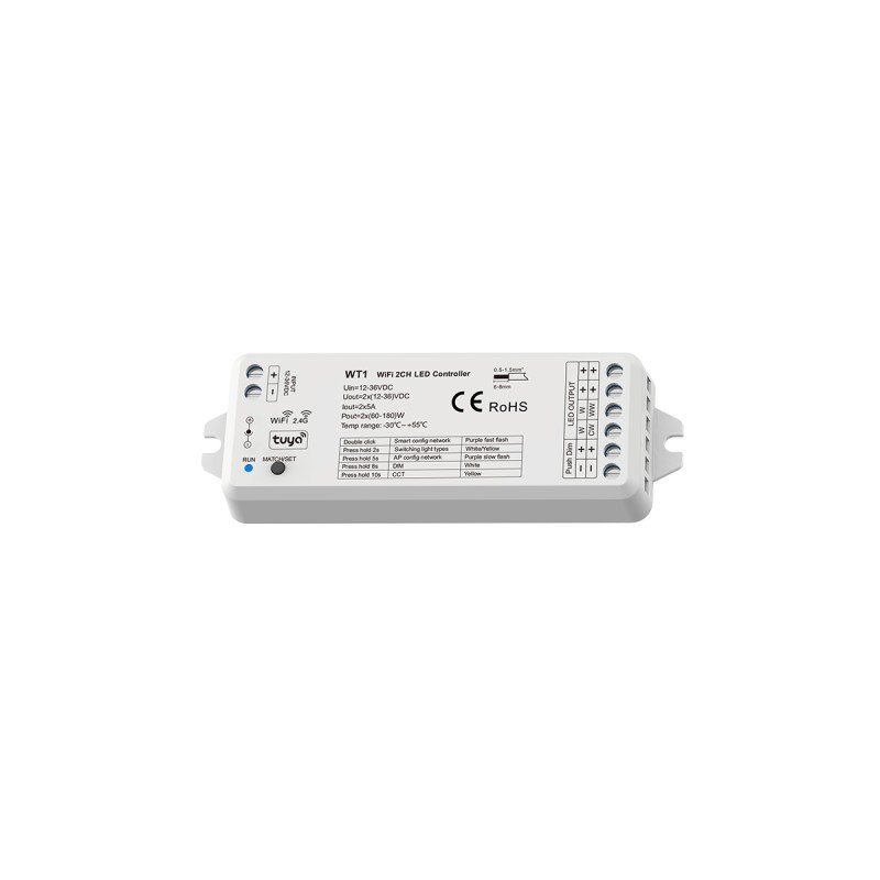 GLOBOSTAR® SKYDANCE-WT1 71468 DC WiFi & RF 2.4Ghz & Push Dimmer / Controller με 2 x 5A 90W Κανάλια DC 12-36V 10A 180W Max IP20 - WiFI & RF 2.4Ghz & Push Dimming - Μ11.5 x Π3.5 x Υ2cm - 5 Χρόνια Εγγύηση