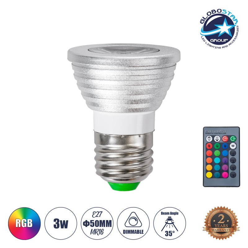 GloboStar® 76066 Σποτ LED E27 MR16 3W 200lm 35° AC 220-240V IP20 Φ5 x Υ8.5cm - Εναλλαγή Φωτισμού μέσω Τηλεχειριστηρίου RGB - Dimmable - 2 Χρόνια Εγγύηση
