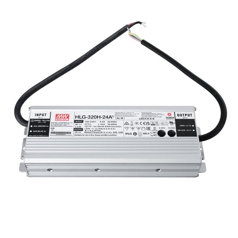 GLOBOSTAR® MEANWELL-HLG320H-24A 90794 Τροφοδοτικό/Μετασχηματιστής SELV 320W 13.3A DC24V Αδιάβροχο IP65 - AC 220-240V σε DC 24V / Ρυθμιζόμενο από DC 21V έως DC 26V - Μ25.2 x Π9 x Υ4.38cm - 3 Χρόνια Εγγύηση