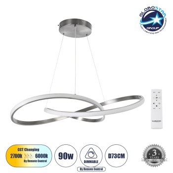 GLOBOSTAR® DEXTER 60915 Μοντέρνο Κρεμαστό Φωτιστικό Οροφής LED 90W 9000lm 300° AC 220-240V IP20 Ρυθμιζόμενο Λευκό CCT με Χειριστήριο από 2700K έως 6000K Dimmable - Lumileds SMD Chip - Σατινέ Νίκελ Βούρτσας - Μ73 x Π73 x Υ16cm - 3 Χρόνια Εγγύηση