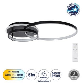 GLOBOSTAR® NEMESIS 61105 Μοντέρνο Φωτιστικό Οροφής LED 67W 6700lm 360° AC 220-240V IP20 Ρυθμιζόμενο Λευκό CCT με Χειριστήριο από 2700K έως 6000K Dimmable - Lumileds SMD Chip - Μαύρο Ματ - Μ84 x Π45 x Υ13cm - 3 Χρόνια Εγγύηση