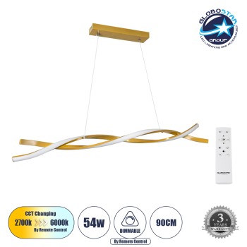 GLOBOSTAR® MORALES 61278 Μοντέρνο Κρεμαστό Φωτιστικό Οροφής LED 54W 5400lm 300° AC 220-240V IP20 Ρυθμιζόμενο Λευκό CCT με Χειριστήριο από 2700K έως 6000K Dimmable - Lumileds SMD Chip - Σατινέ Χρυσό Βούρτσας - Μ90 x Π14 x Υ14cm - 3 Χρόνια Εγγύηση