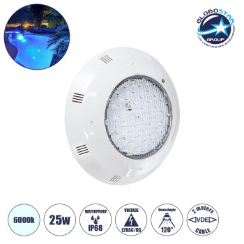 GLOBOSTAR® POOLETI 61538 Υποβρύχιο Φωτιστικό για Πισίνες/Σιντριβάνια LED 25W 2125lm 120° AC/DC 12V Αδιάβροχο IP68 Ψυχρό Λευκό 6000K Dimmable - Bridgelux SMD Chip - 2m VDE Rubber Καλώδιο - Μ30 x Π30 x Υ6.5cm - 3 Χρόνια Εγγύηση
