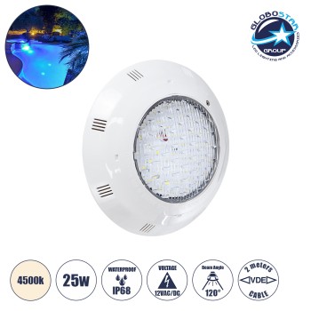 GLOBOSTAR® POOLETI 61539 Υποβρύχιο Φωτιστικό για Πισίνες/Σιντριβάνια LED 25W 2000lm 120° AC/DC 12V Αδιάβροχο IP68 Φυσικό Λευκό 4500K Dimmable - Bridgelux SMD Chip - 2m VDE Rubber Καλώδιο - Μ30 x Π30 x Υ6.5cm - 3 Χρόνια Εγγύηση