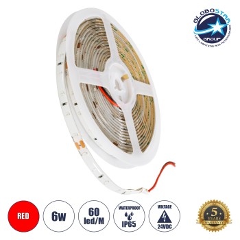 GLOBOSTAR® LILAC 70304 Ταινία LED 6W/m 360lm/m 120° DC 24V Αδιάβροχη IP65 60 x SMD2835 Chip/m Κόκκινο Dimmable - Sanan SMD Chip - Μ500 x Π0.8 x Υ0.2cm - Ρολό 5 Μέτρων - 5 Χρόνια Εγγύηση