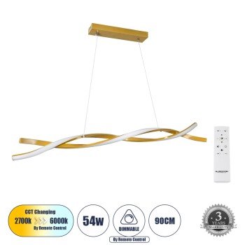 GLOBOSTAR® MORALES 61278 Μοντέρνο Κρεμαστό Φωτιστικό Οροφής LED 54W 5400lm 300° AC 220-240V IP20 Ρυθμιζόμενο Λευκό CCT με Χειριστήριο από 2700K έως 6000K Dimmable - Lumileds SMD Chip - Σατινέ Χρυσό Βούρτσας - Μ90 x Π14 x Υ14cm - 3 Χρόνια Εγγύηση