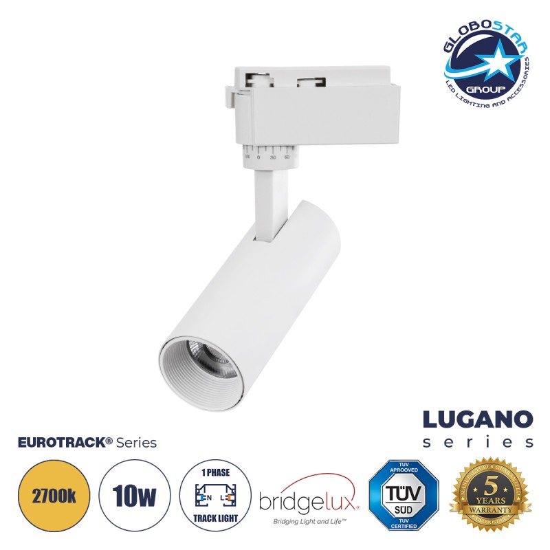 GloboStar® LUGANO 60802 Μονοφασικό Φωτιστικό Σποτ Ράγας LED 10W 1200lm 36° Acrylic HQ LENS AC 220-240V IP20 Φ4.5 x Υ18cm Θερμό Λευκό 2700K - EUROTRACK® System 1L+1N - Λευκό - Bridgelux Chip - TÜV Certified Driver - 5 Χρόνια Εγγύηση
