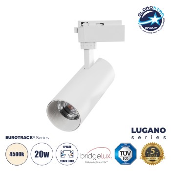 GLOBOSTAR® LUGANO 60807 Μονοφασικό Σποτ Ράγας LED 20W 2500lm 36° AC 220-240V IP20 Φυσικό Λευκό 4500K - Bridgelux COB Chip & TÜV SÜD Driver - Eurotrack 1PH  - Λευκό Ματ - Μ6.5 x Π6.5 x Υ20cm - 5 Χρόνια Εγγύηση