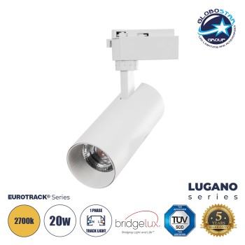 GLOBOSTAR® LUGANO 60808 Μονοφασικό Σποτ Ράγας LED 20W 2400lm 36° AC 220-240V IP20 Θερμό Λευκό 2700K - Bridgelux COB Chip & TÜV SÜD Driver - Eurotrack 1PH - Λευκό Ματ - Μ6.5 x Π6.5 x Υ20cm - 5 Χρόνια Εγγύηση