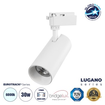GloboStar® LUGANO 60812 Μονοφασικό Φωτιστικό Σποτ Ράγας LED 30W 3900lm 36° Acrylic HQ LENS AC 220-240V IP20 Φ7.5 x Υ22.7cm Ψυχρό Λευκό 6000K - EUROTRACK® System 1L+1N - Λευκό - Bridgelux Chip - TÜV Certified Driver - 5 Χρόνια Εγγύηση