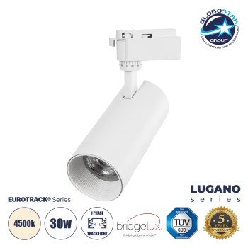 GLOBOSTAR® LUGANO 60813 Μονοφασικό Φωτιστικό Σποτ Ράγας LED 30W 3750lm 36° AC 220-240V IP20 Φυσικό Λευκό 4500K - Bridgelux COB Chip & TÜV SÜD Driver - Eurotrack 1PH - Λευκό Ματ - Μ7.5 x Π7.5 x Υ22cm - 5 Χρόνια Εγγύηση